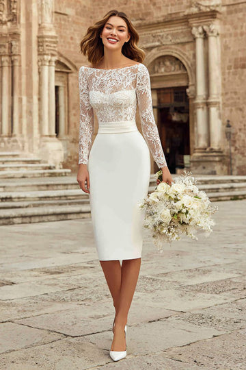 Ivory Bodycon Bateau Neck Midi Förlovningsklänning med Spets